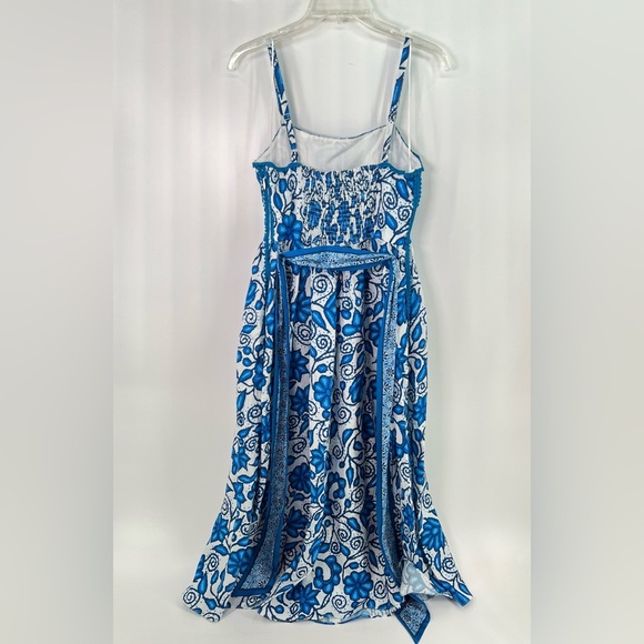 Current Air Blue and White Floral Midi Dress Crochet Accent Belted Pockets Small - Picture 7 of 14